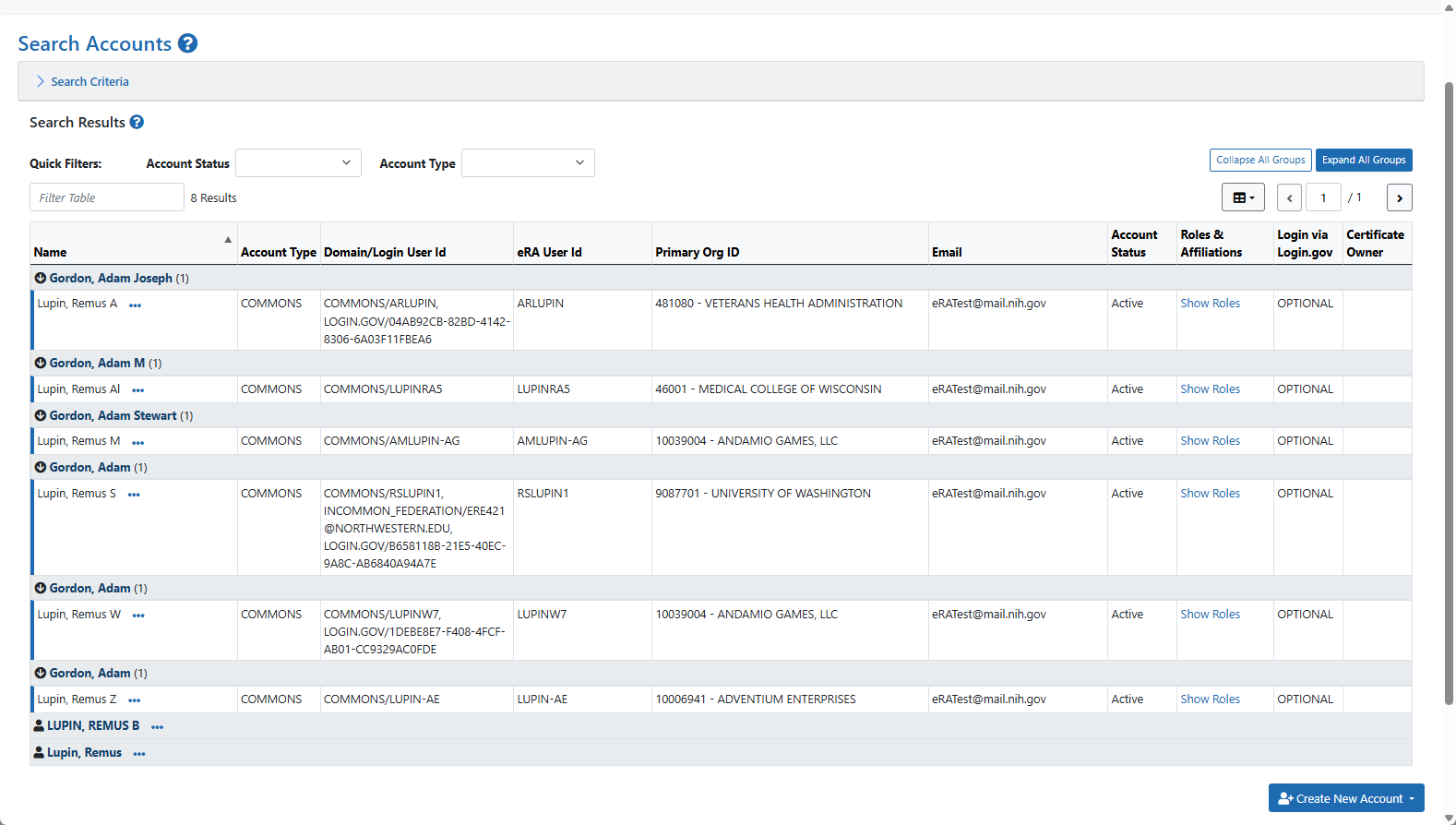 Screenshot of the Search Accounts screen with search results